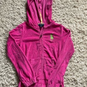 Polo Ralph Lauren Girls Pink Zip Hoodie Size M 8-10 Green Horse Pockets  - 13